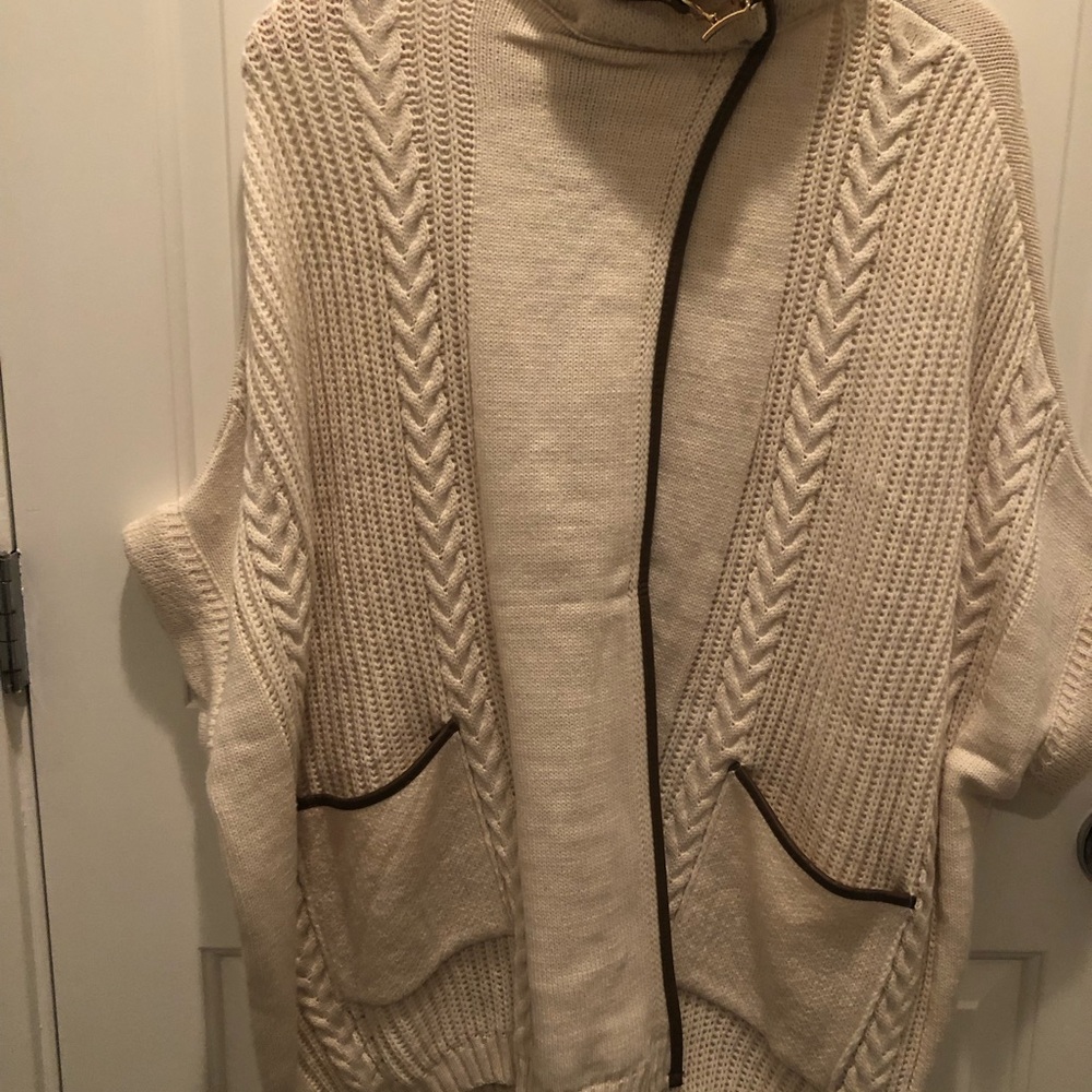 Cream Sweater Poncho with Gold Colored Hardware Faux Leather Trim Front Pockets